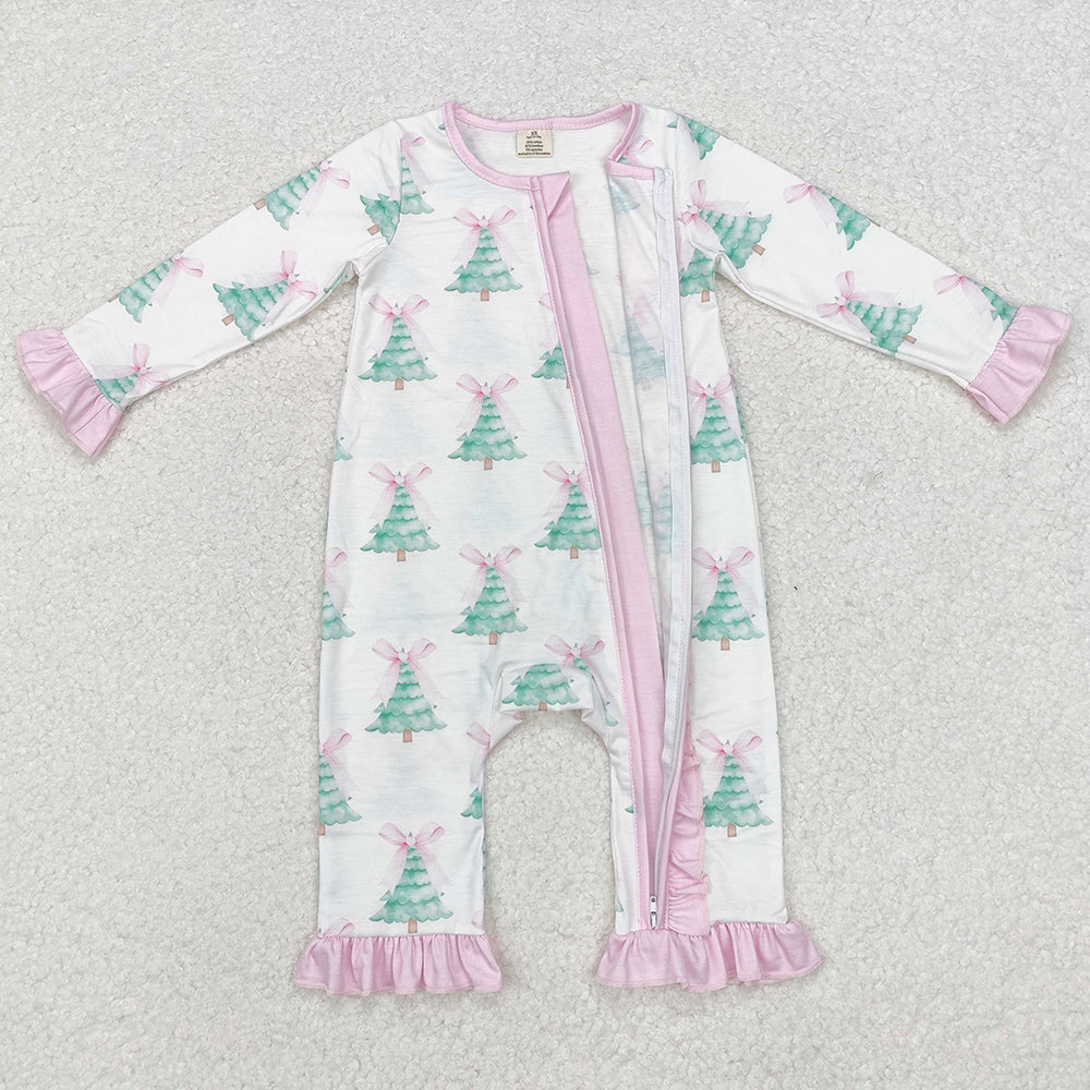 Baby Infant Girls Rompers Christmas Tree Pink Bows Bamboo Zip Rompers LR1518