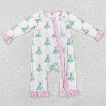 Baby Infant Girls Rompers Christmas Tree Pink Bows Bamboo Zip Rompers LR1518