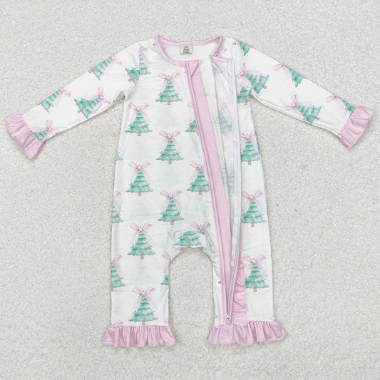 Baby Infant Girls Rompers Christmas Tree Pink Bows Bamboo Zip Rompers LR1518