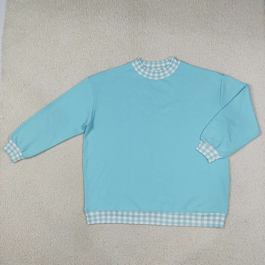 Adult Women Blue Long Sleeve Sweater Gingham T-shirts Top GT1795