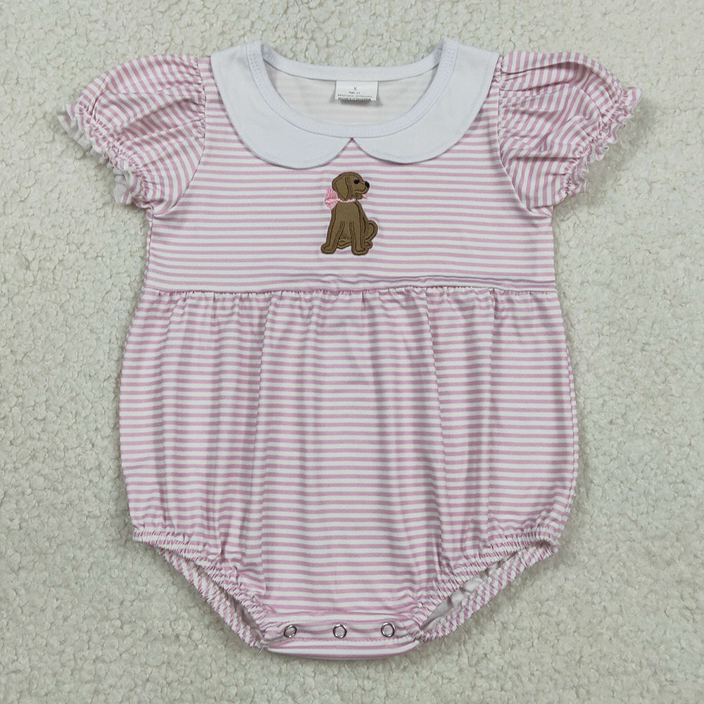 Baby Girls Rompers Embroidery Bow Dogs Pink Stripe Collar Ruffle Rompers SR3476