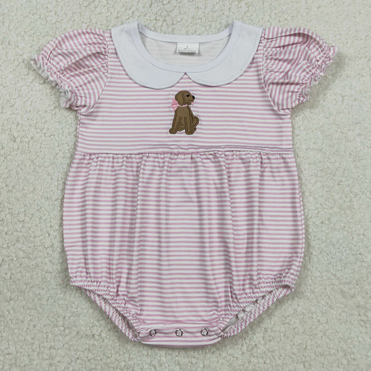 Baby Girls Rompers Embroidery Bow Dogs Pink Stripe Collar Ruffle Rompers SR3476
