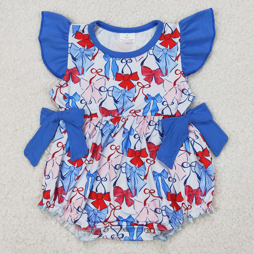 Baby Girls Rompers Flutter Sleeves Blue Hot Bows 4th Of July Ruffle Rompers SR2954 3.26