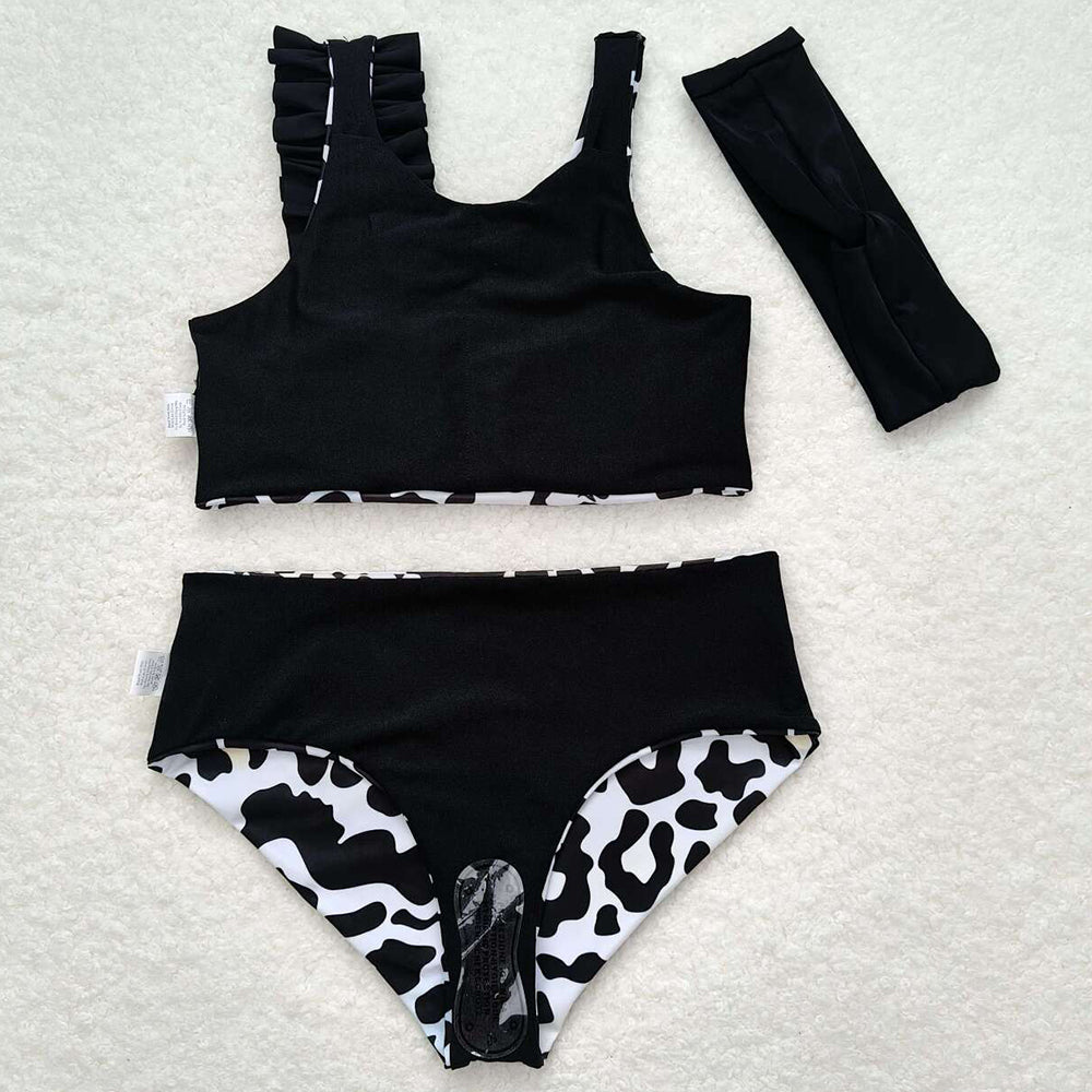 Baby Infant Girls Swimsuits Black Cow Print 3pcs Swimsuits S0224