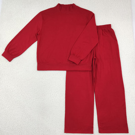 Adult Women Maroon Choker Top Pockets Flare Pants Fall Pajamas Clothes Sets GLP3418