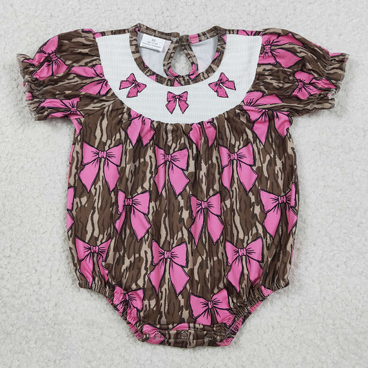 Baby Girls Rompers Smocked Bows Southern Olive Camo Ruffle Rompers SR3827