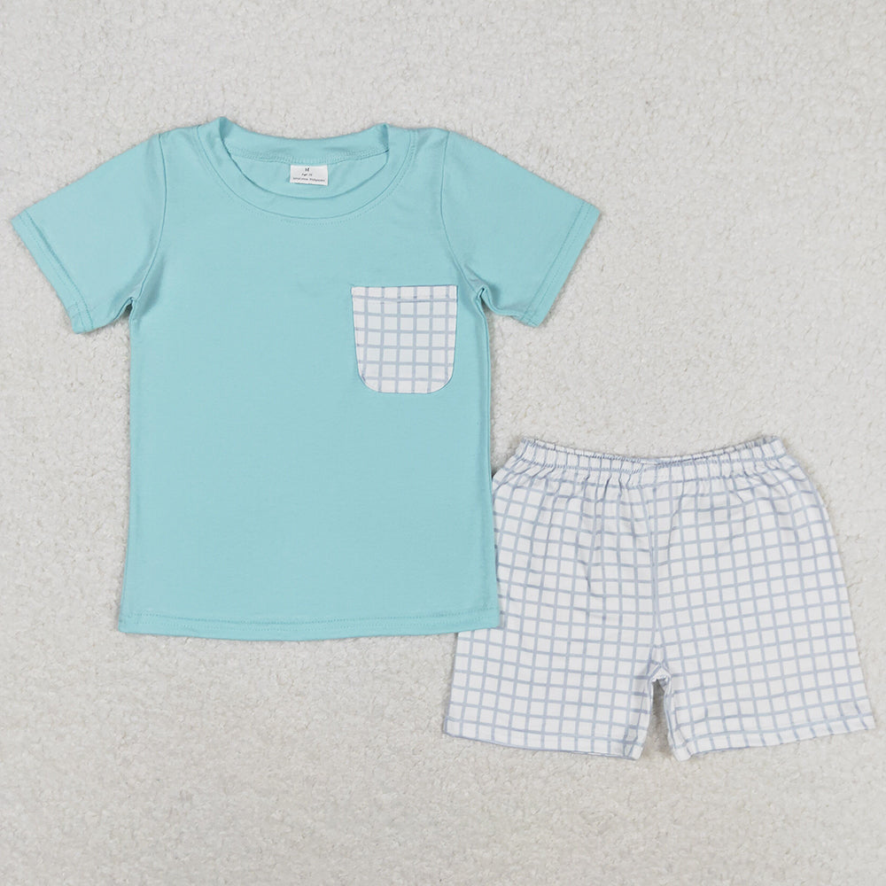 Baby Boys Clothes Blue Pocket Shirt Top Checkered Shorts Sets BSSO0799