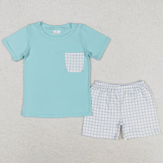 Baby Boys Clothes Blue Pocket Shirt Top Checkered Shorts Sets BSSO0799