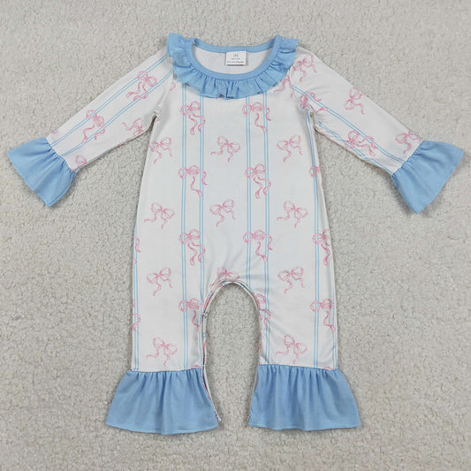 Baby Girls Rompers Pink Bows Stripe Collar Ruffle Foodie Rompers LR2845 1.1