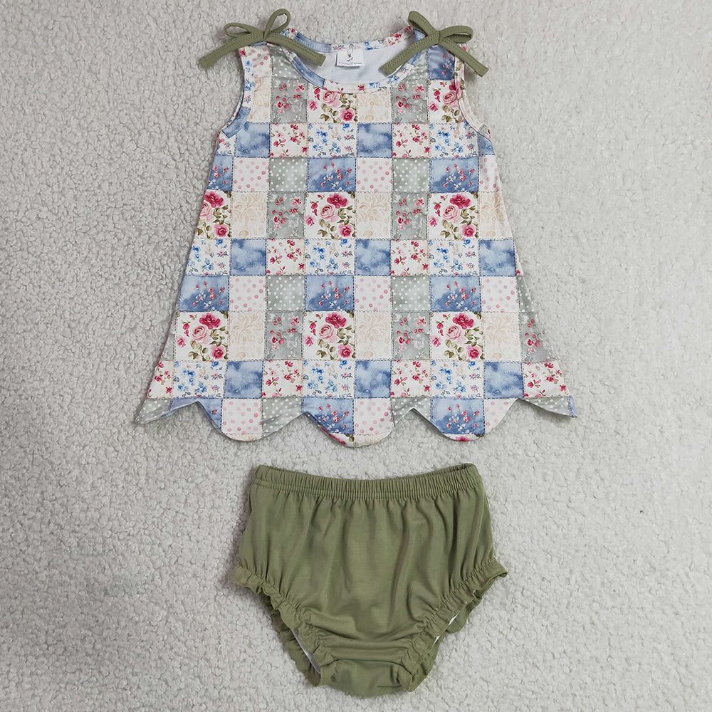 Baby Girls Clothes Sleeveless Floral Checked Scallop Tunic Bummies Clothes Sets GBO0511