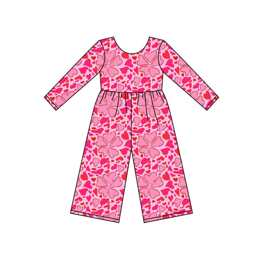 Preorder(moq 8)Baby Girls Pink Hearts Leopard Clovers Valentine Pant Jumpsuits 9.25