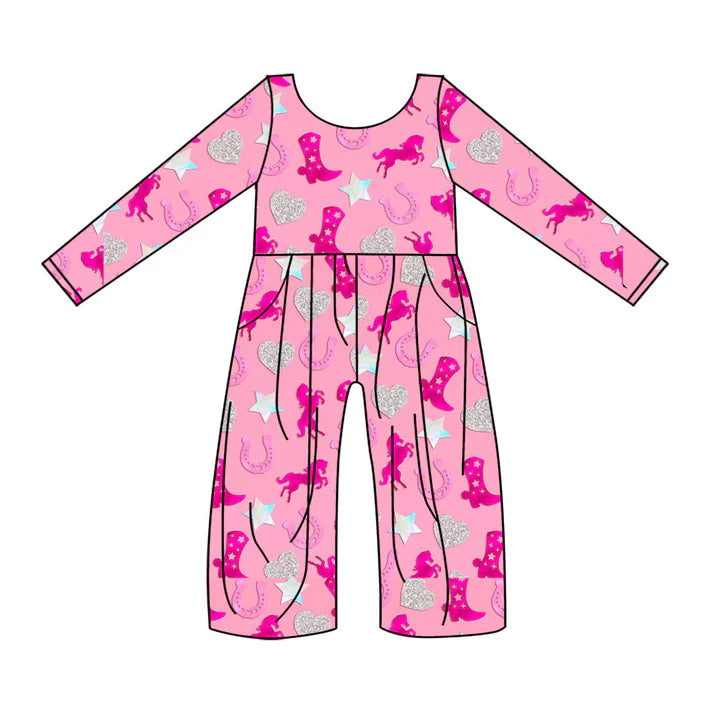 Preorder(moq 8)Baby Girls Pink Stars Boots Hearts Western Pockets Pant Jumpsuits 9.25