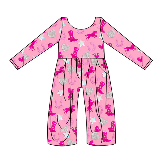 Preorder(moq 8)Baby Girls Pink Stars Boots Hearts Western Pockets Pant Jumpsuits 9.25