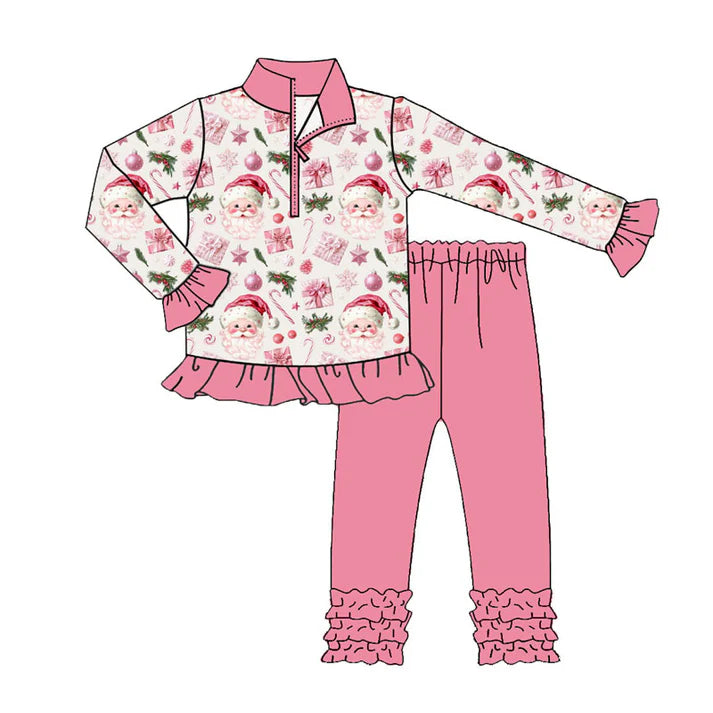 Preorder (moq 8)Baby Girls Pink Santa Lights Zipper Pullover Ruffle Leggings Christmas Clothes Sets 9.23