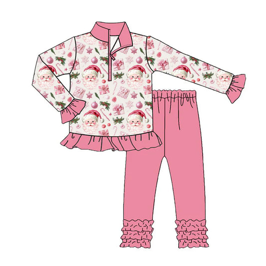Preorder (moq 8)Baby Girls Pink Santa Lights Zipper Pullover Ruffle Leggings Christmas Clothes Sets 9.23