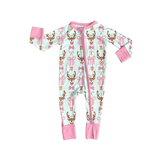 Preorder (moq 5)Baby Girls Long Sleeves Pink Bows Deer Candy Cane Plaid Zipper Romper 7.2