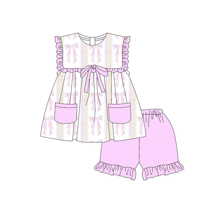 Preorder moq 5 Baby Girls Sleeveless Lavender Bows Pockets Tunic Ruffle Short Set 4.18