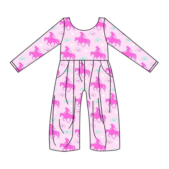 Preorder(moq 8)Baby Girls Pink Horse Rodeos Hats Stars Western Pockets Pant Jumpsuits 9.25