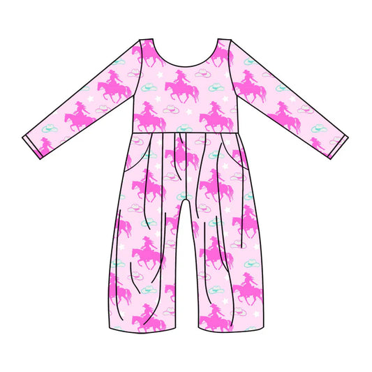 Preorder(moq 8)Baby Girls Pink Horse Rodeos Hats Stars Western Pockets Pant Jumpsuits 9.25