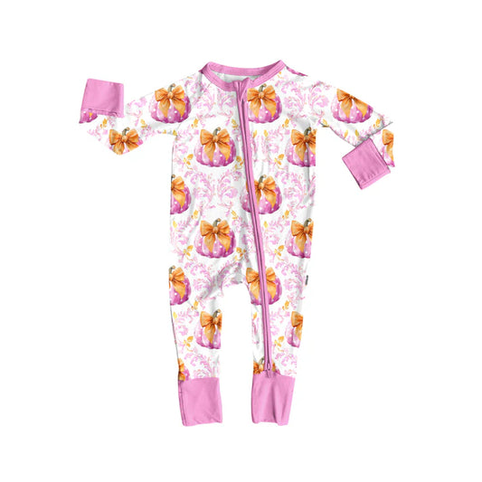 Preorder (moq 5)Baby Girls Long Sleeves Pink Floral Bows Pumpkins Plaid Zipper Pant Rompers 6.13