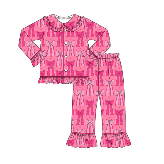 Preorder (moq 8)Baby Girls Pink Hearts Bows Button Top Pants Valentine Pajamas Sets 9.22