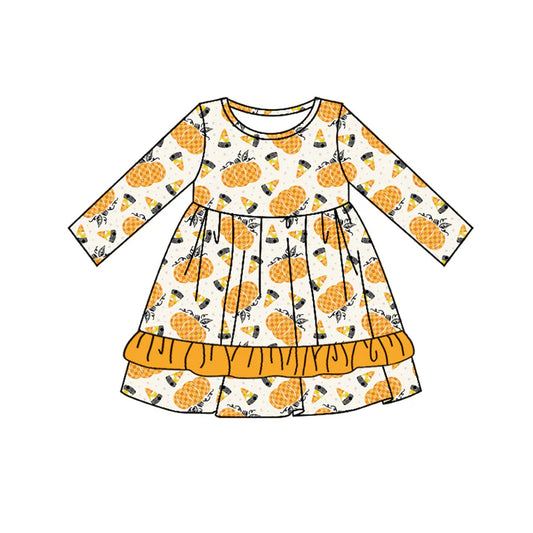 Preorder moq 5 Baby Girls Long Sleeves Yellow Pumpkins Ruffle Knee Length Dresses 5.2