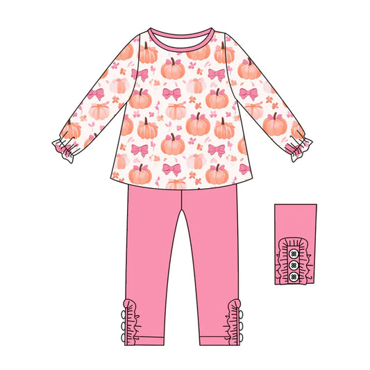 Preorder (moq 5)Baby Girls Long Ruffle Sleeves Bows Pumpkins Tunic Pink Legging Pant Sets 6.11