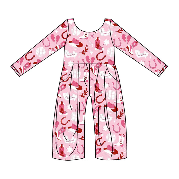 Preorder(moq 8)Baby Girls Pink Hearts Boots Plaid Western Pockets Pant Jumpsuits 9.25