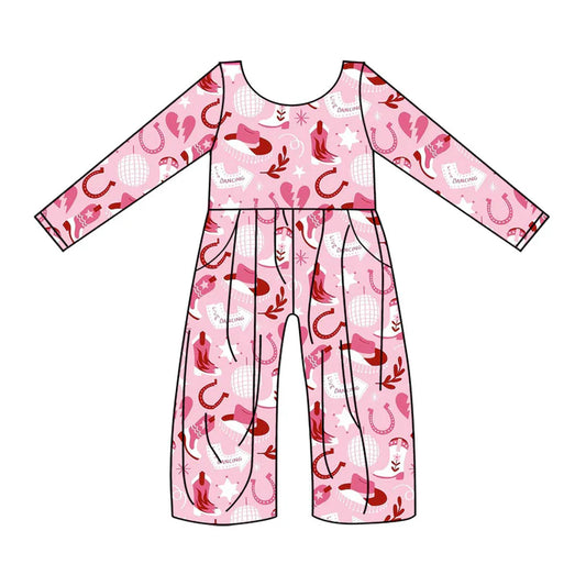 Preorder(moq 8)Baby Girls Pink Hearts Boots Plaid Western Pockets Pant Jumpsuits 9.25