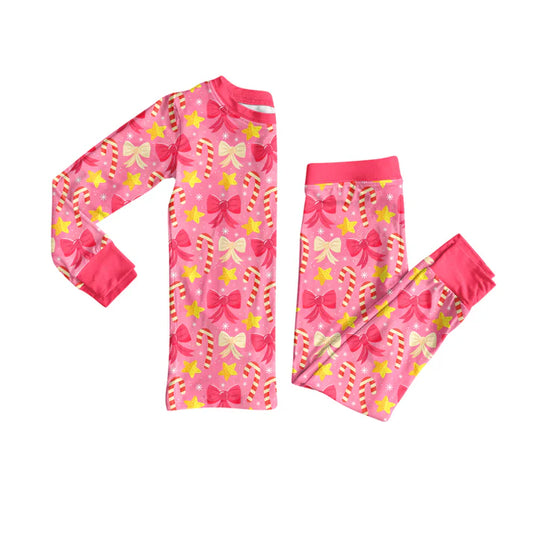 Preorder (moq 5)Baby Girls Pink Long Sleeves Candy Cane Stars Bows Top Pant Pajamas Set 6.17