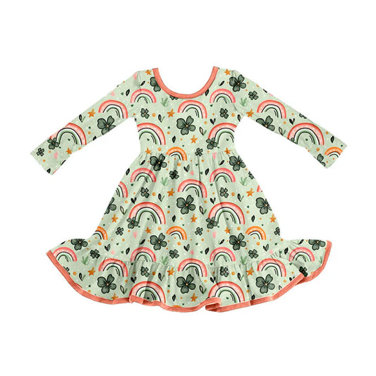 Preorder (moq 8)Baby Girls Clovers Rainbows St Patrick Ruffle Knee Length Dresses 9.10