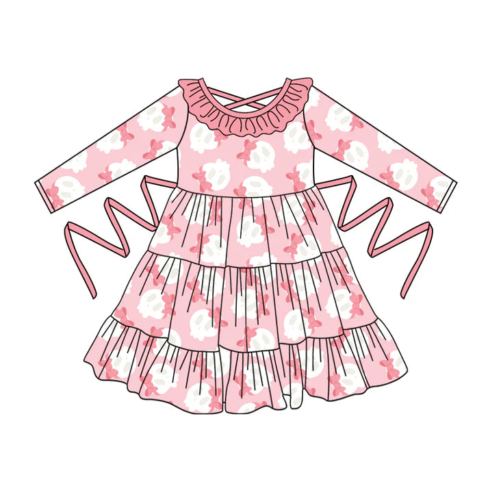 Preorder moq 5 Baby Girls Pink Long Sleeves Bows Ghosts With Belt Ruffle Knee Length Dresses 5.2