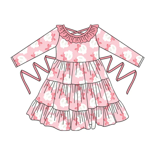 Preorder moq 5 Baby Girls Pink Long Sleeves Bows Ghosts With Belt Ruffle Knee Length Dresses 5.2