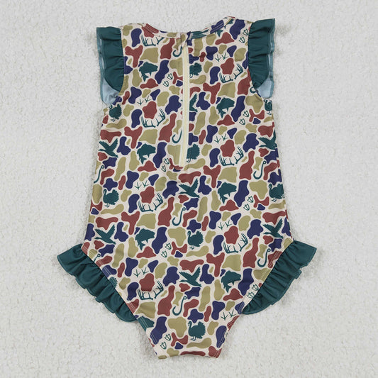 Baby Girls Swimwear Dark Green Ducks Deer Camo Ruffle Swimsuits S0598 1.1