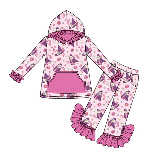 Preorder (moq 5)Baby Girls Hot Pink Long Ruffle Sleeves Magic Hats Flowers Pocket Hoodies Pant Set 6.17
