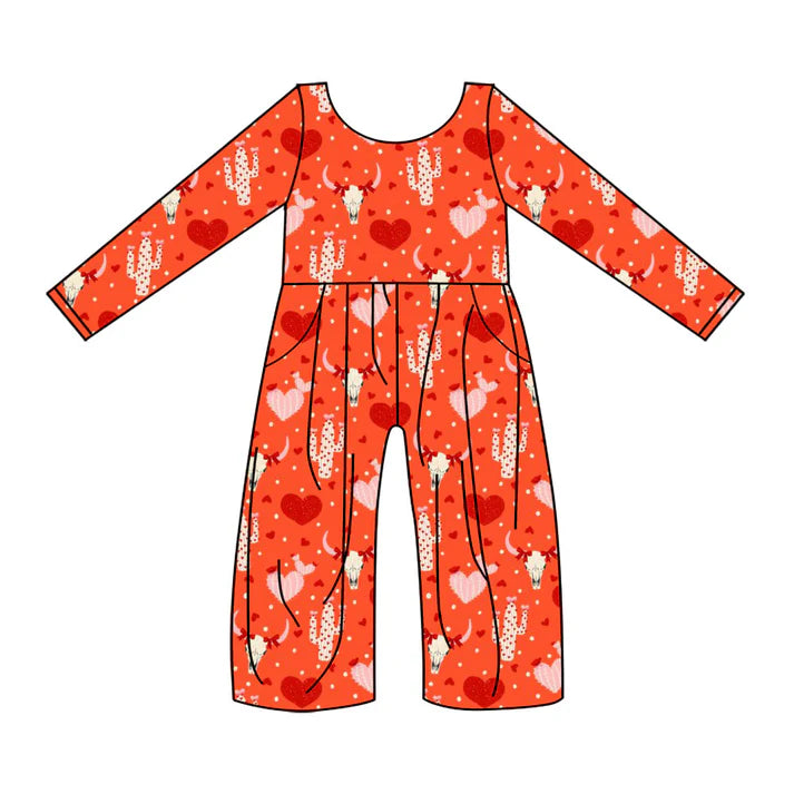 Preorder(moq 8)Baby Girls Pink Hearts Bull Skulls Cactus Western Pockets Pant Jumpsuits 9.25