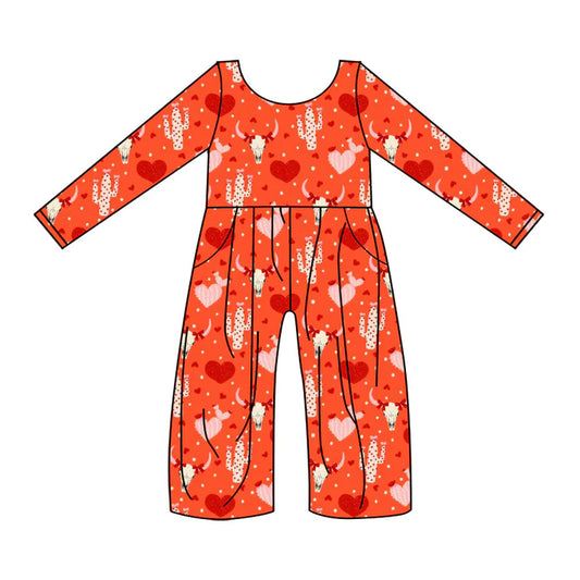 Preorder(moq 8)Baby Girls Pink Hearts Bull Skulls Cactus Western Pockets Pant Jumpsuits 9.25