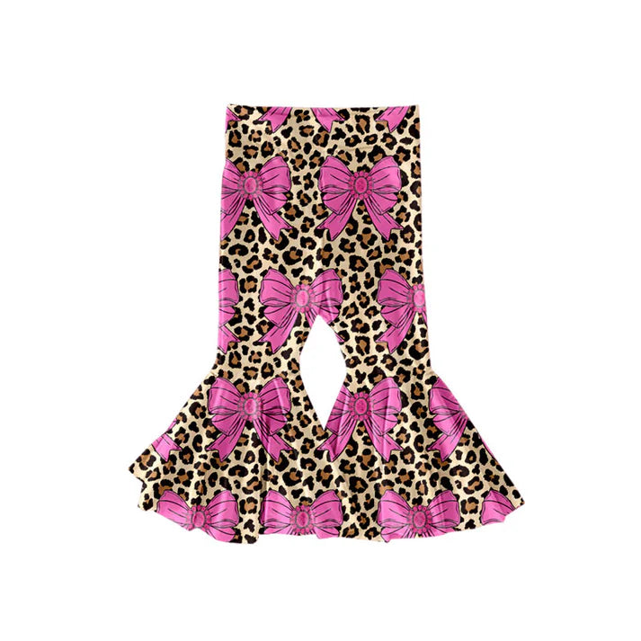 Preorder(moq 5) Baby Girls Pink Turquoise Bows Leopard Western Ruffle Bell Bottom Pants 11.14