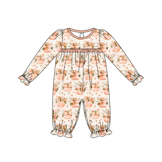 Preorder (moq 5)Baby Girls Long Sleeves Peach Flower Pumpkins Ruffle Pant Rompers 6.13