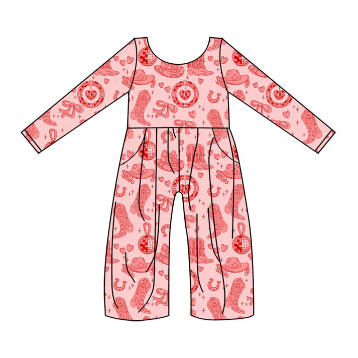 Preorder(moq 8)Baby Girls Pink Hearts Boots Hats Western Pockets Pant Jumpsuits 9.25