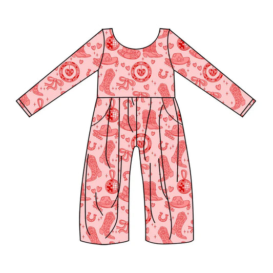 Preorder(moq 8)Baby Girls Pink Hearts Boots Hats Western Pockets Pant Jumpsuits 9.25