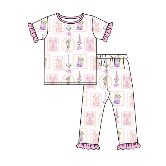 Preorder (moq 8)Baby Girls Flowers Rabbits Checked Top Ruffle Pants Easter Pajamas Sets 9.17