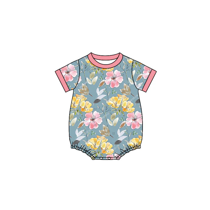 Preorder (moq 5)Baby Girls Grey Colorful Flowers Short Sleeve Rompers 6.10