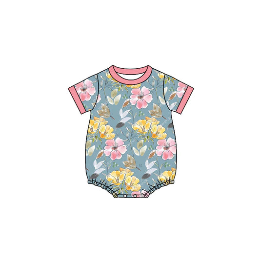Preorder (moq 5)Baby Girls Grey Colorful Flowers Short Sleeve Rompers 6.10