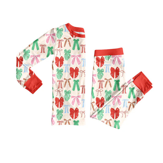 preorder(moq 5) Baby Girls Long Sleeves Colorful Bows Plaid Top Pants Pajamas Set 7.25