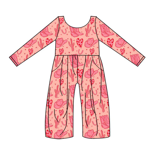 Preorder(moq 8)Baby Girls Pink Leopard Hearts Boots Hats Western Pockets Pant Jumpsuits 9.25