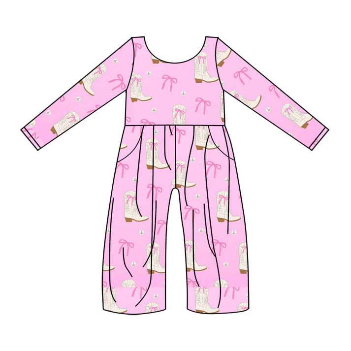 Preorder(moq 8)Baby Girls Pink Bows Boots Western Pockets Pant Jumpsuits 9.25