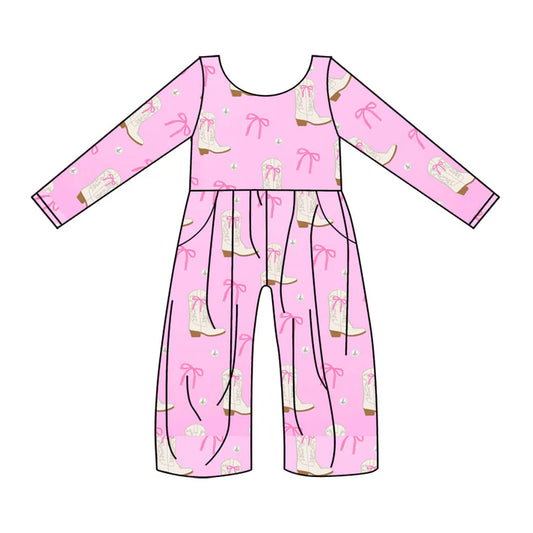 Preorder(moq 8)Baby Girls Pink Bows Boots Western Pockets Pant Jumpsuits 9.25