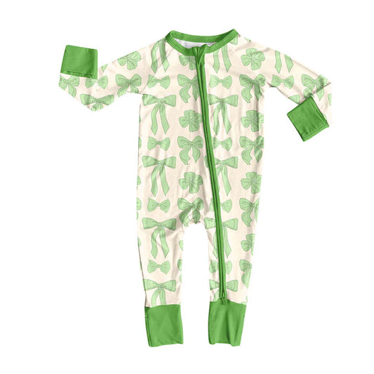Preorder (moq 8)Baby Girls Light Green Bows St Patrick Zipper Footie Rompers 9.13