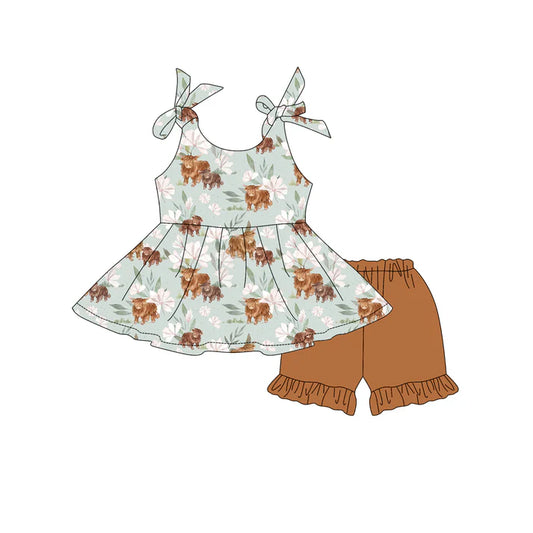 Preorder moq 5 Baby Girls Strap Highland Cows Flowers Tunic Khaki Ruffle Short Set 4.18